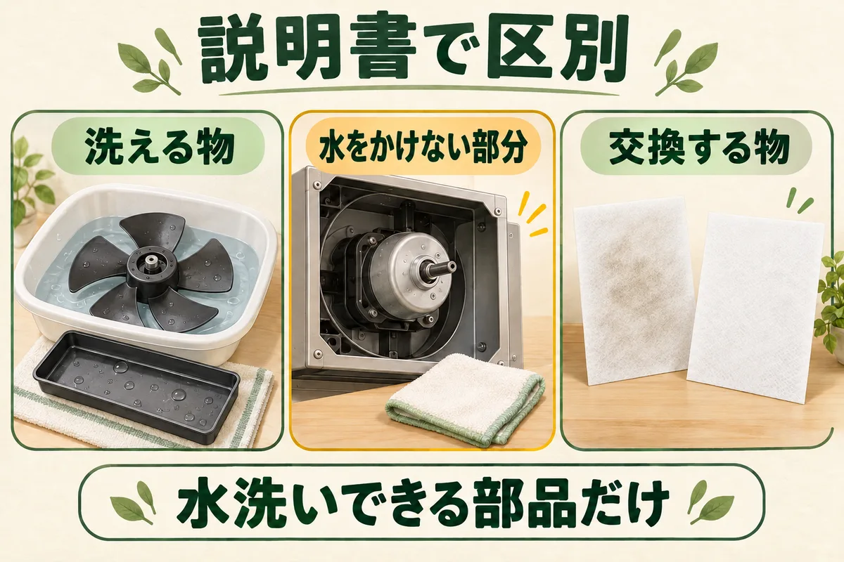 説明書で水洗いできると確認した部品と、電気部品、使い捨てフィルターを区別する図