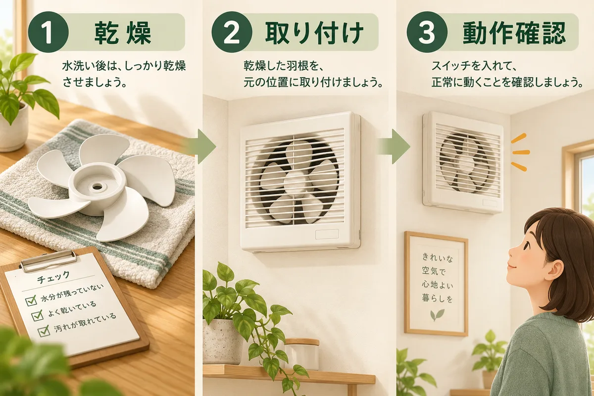 洗った部品の乾燥、取り付け、組み立て後の動作確認の順序を示す図