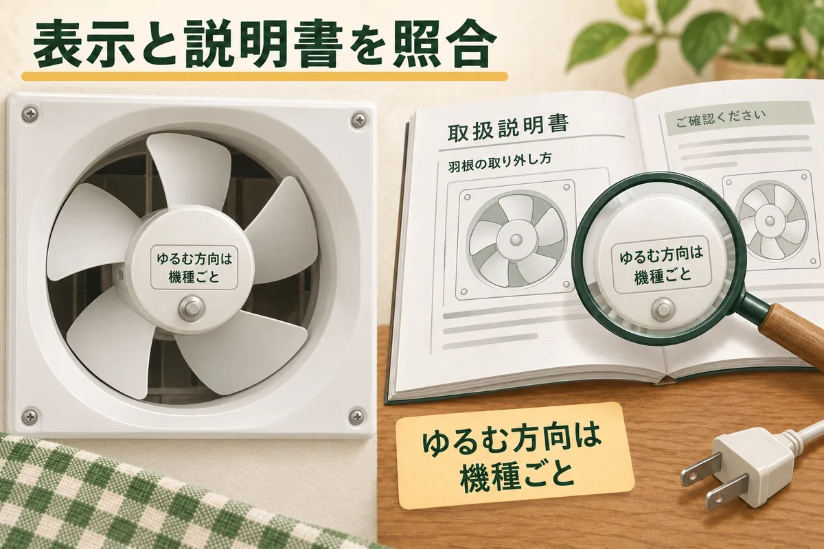 壁付けプロペラ換気扇のつまみをゆるめる方向は機種の表示と説明書で確認する図