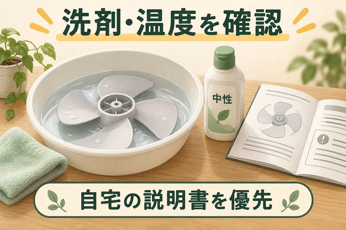 水洗いできる羽根の洗剤と温度を自宅の説明書で確認する図
