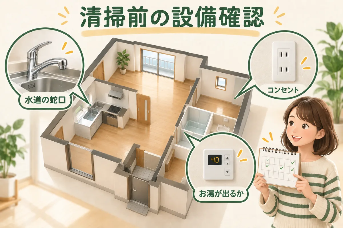 空室の水道、コンセント、給湯を清掃予定と合わせて確認する図