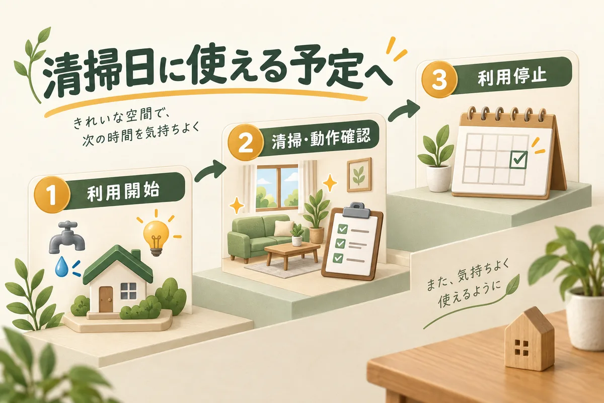 設備の利用開始、清掃と動作確認、利用停止の順序を示す図