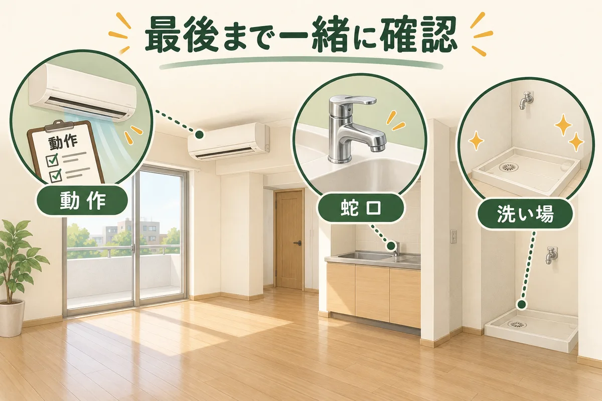 清掃後に機器の動作、蛇口、洗い場を確認する図