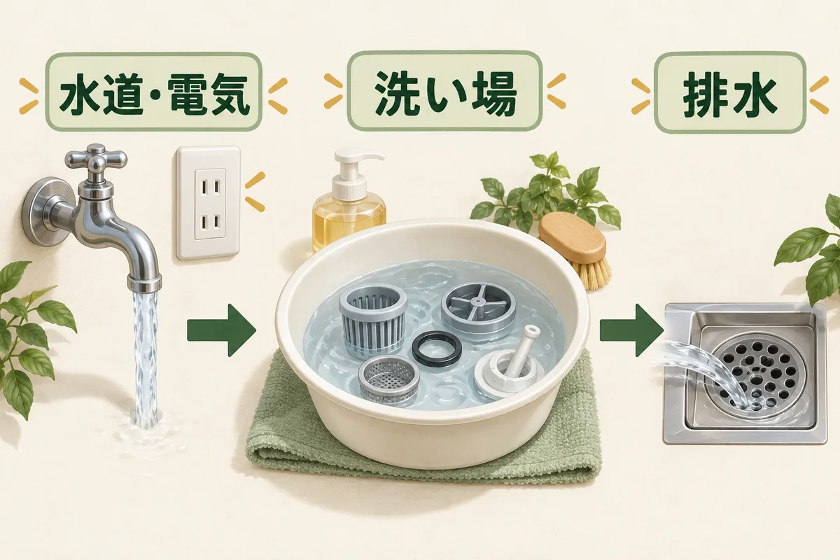 水道と電気、部品の洗い場、排水先をひと続きで確認する図