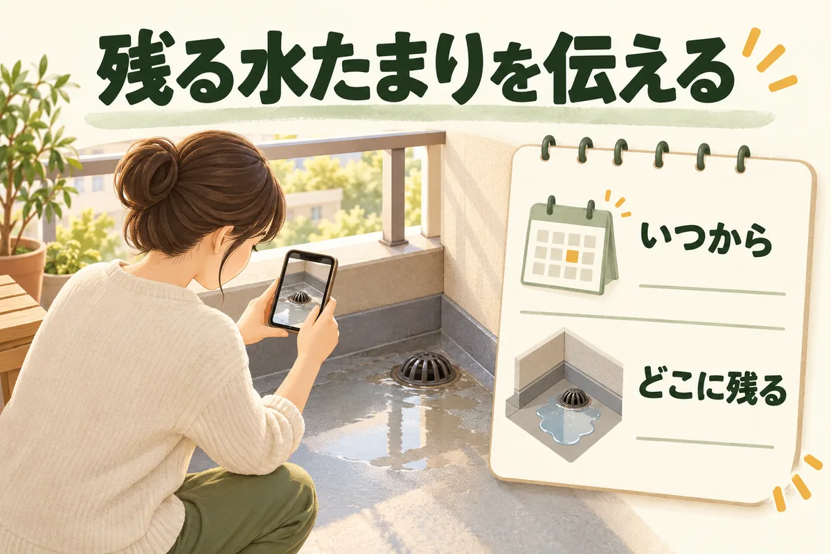 残った水たまりを撮影し、いつからどこに残るか管理先へ伝える図