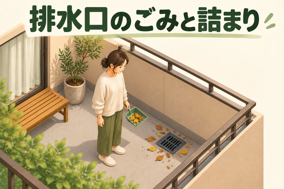 ベランダの排水口の周りに落ちた葉をちり取りで集める図