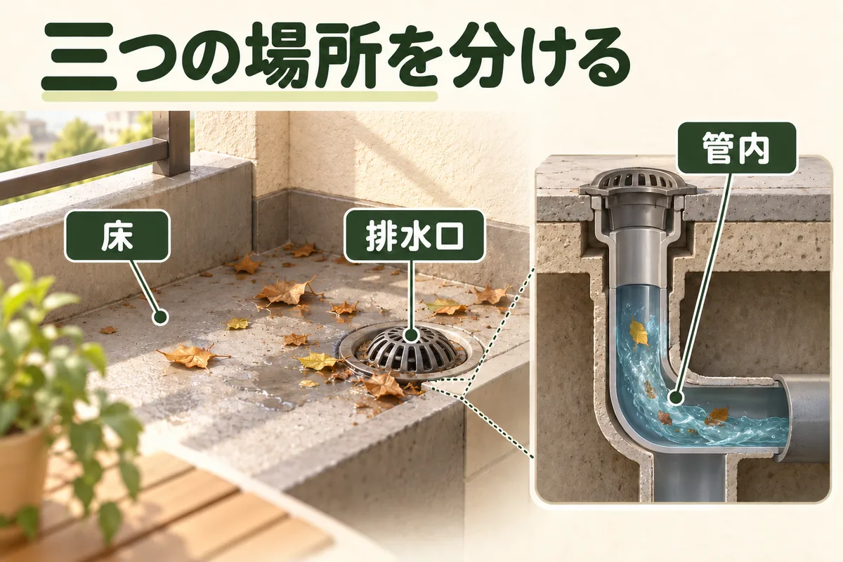 ベランダの床、排水口、管内の位置と作業範囲を分ける模式図