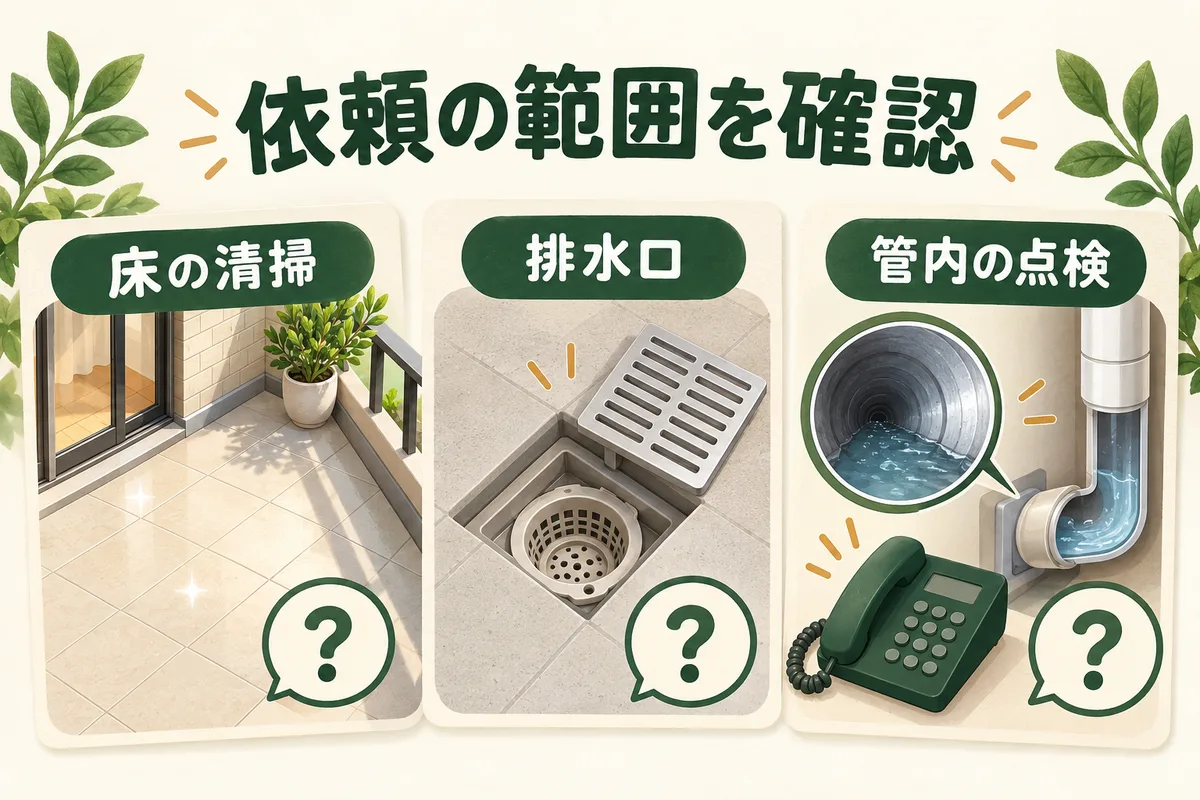 床の清掃、排水口の清掃、管内作業が見積もりに含まれるか確認する図