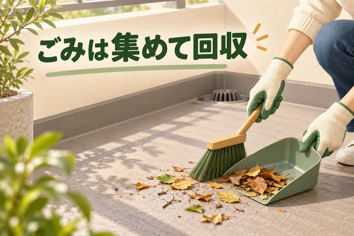 排水口に水を流し込まず表面の落ち葉をほうきとちり取りで集める図