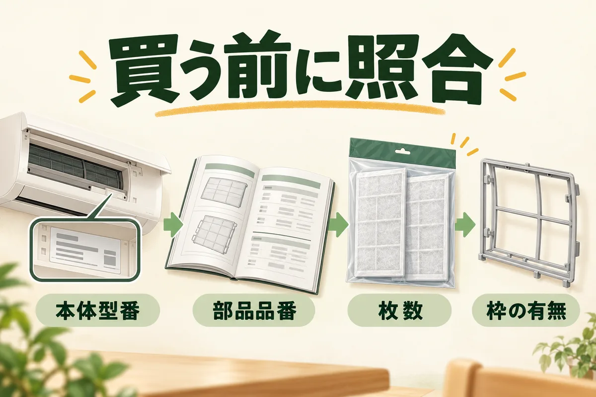 エアコンの型番からフィルターの品番、必要枚数、枠の有無を調べる図