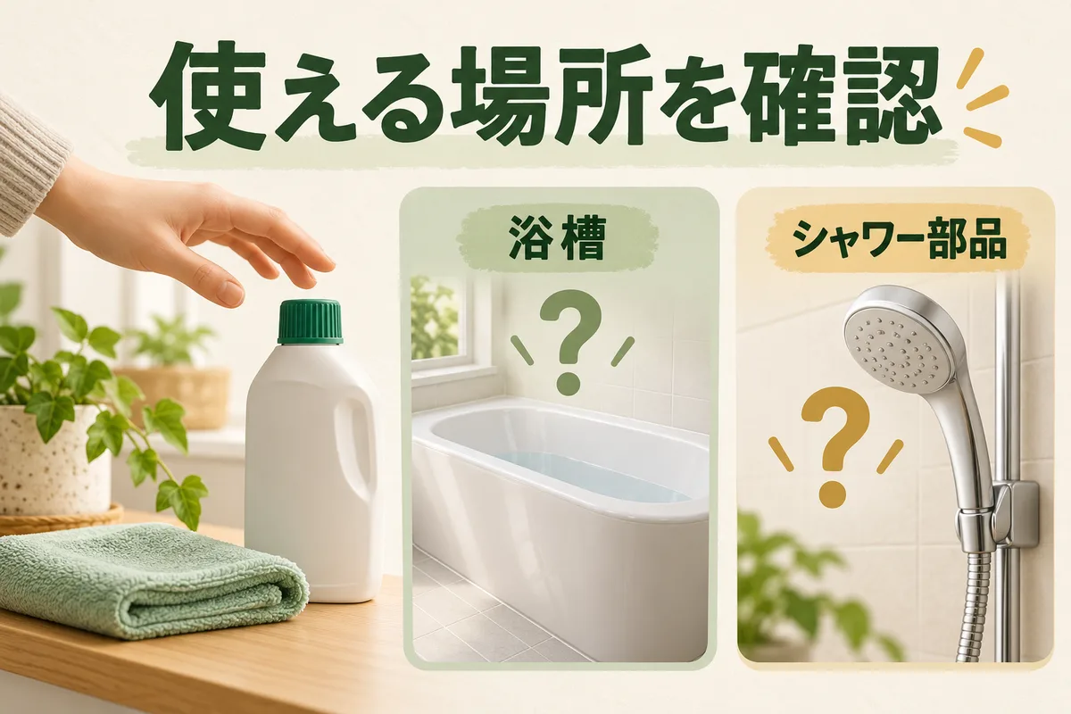 使う洗剤が浴槽やシャワー部品に対応するか確認する図