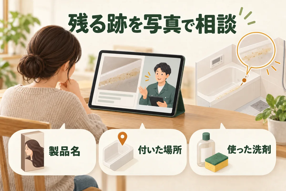 ヘアカラーの製品名、付いた場所、使った洗剤を相談前にまとめる図