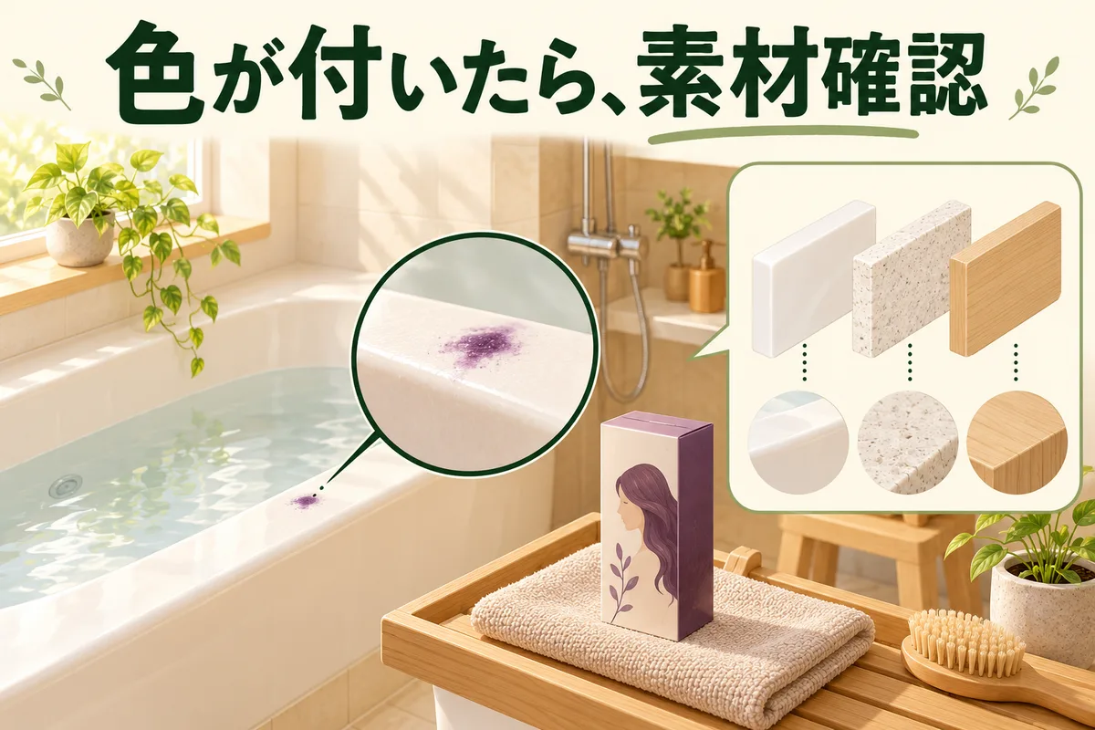浴槽に付いたヘアカラーと素材の違いを確認するイメージ図