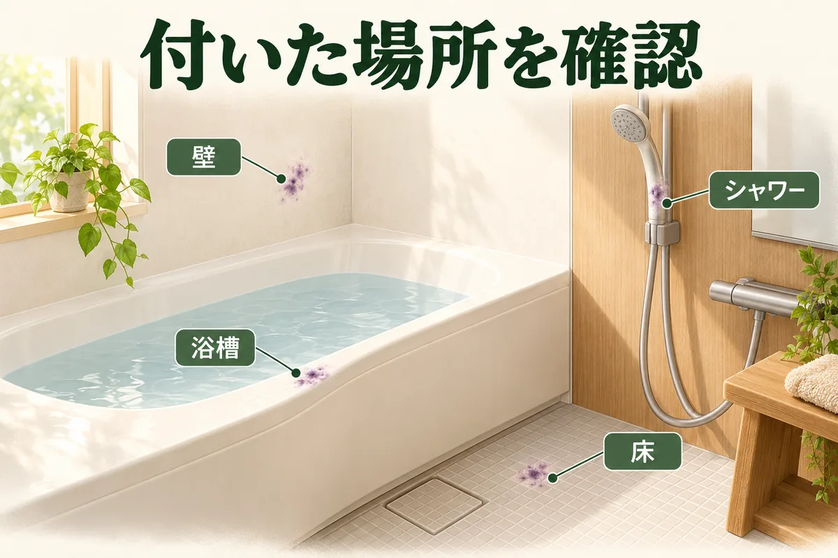 ヘアカラーが付いた壁、床、浴槽、シャワー部品の場所を分ける図
