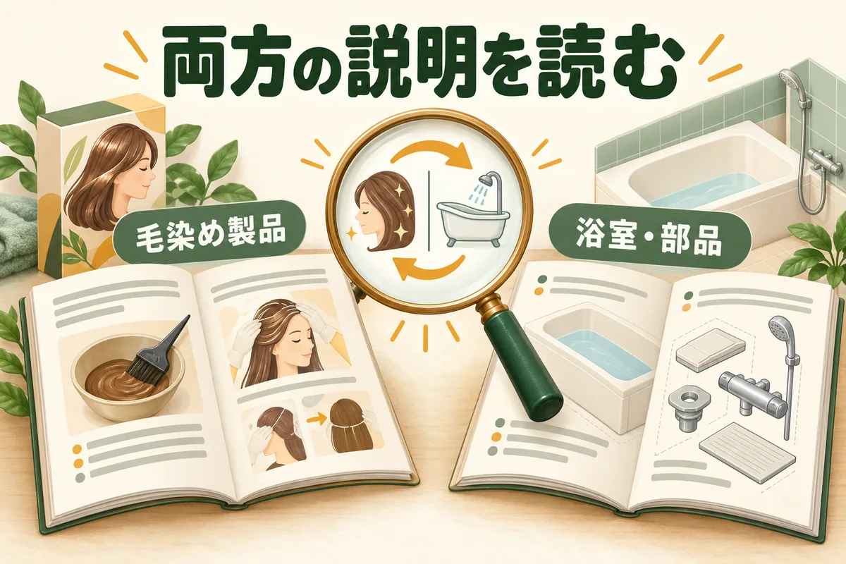 浴室設備とヘアカラーの説明書を一緒に確認する図