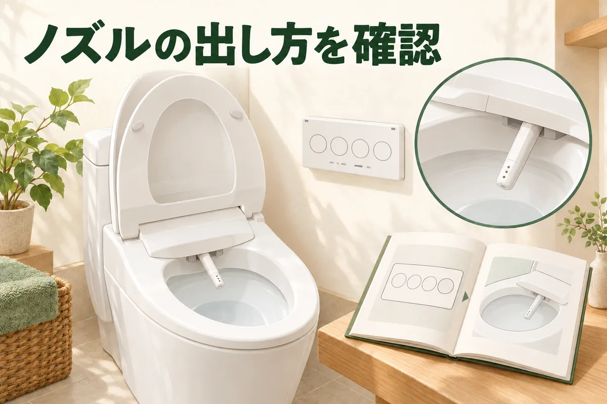 温水洗浄便座のノズルとリモコン、説明書を照合する図