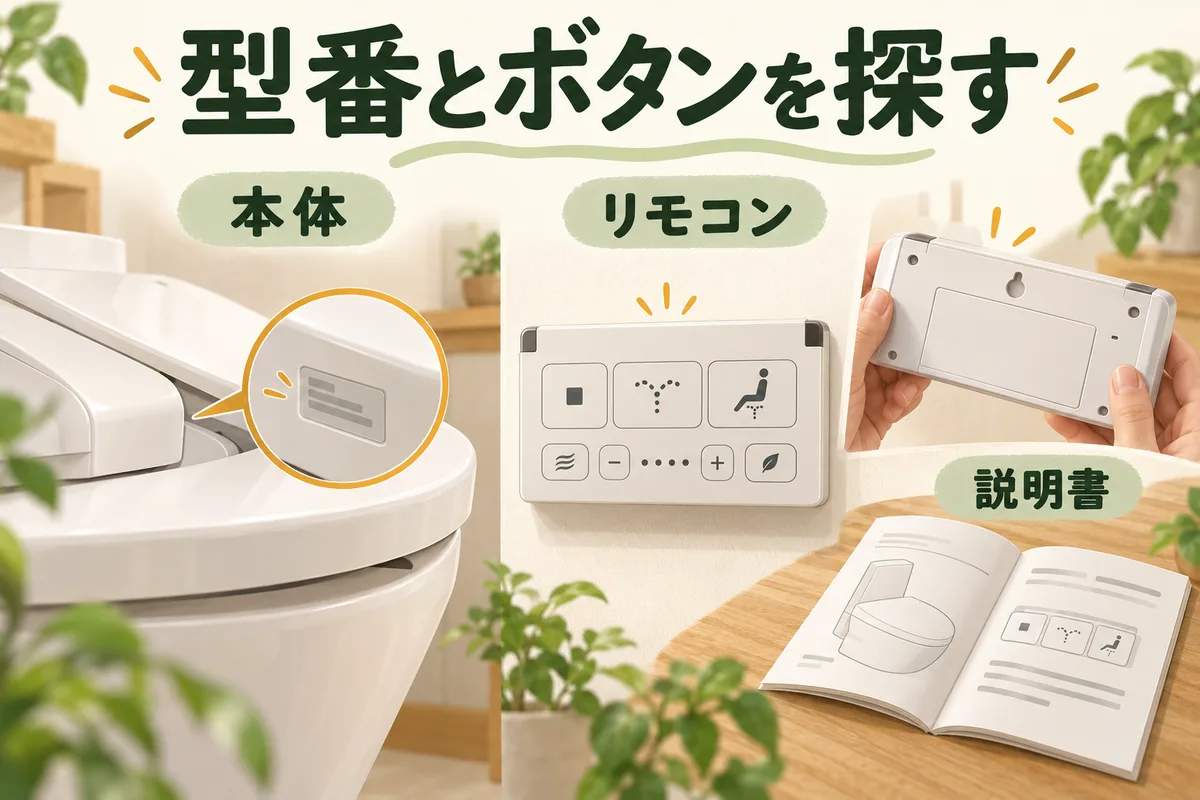 便座本体の品番とリモコンの表裏を説明書に照らす図