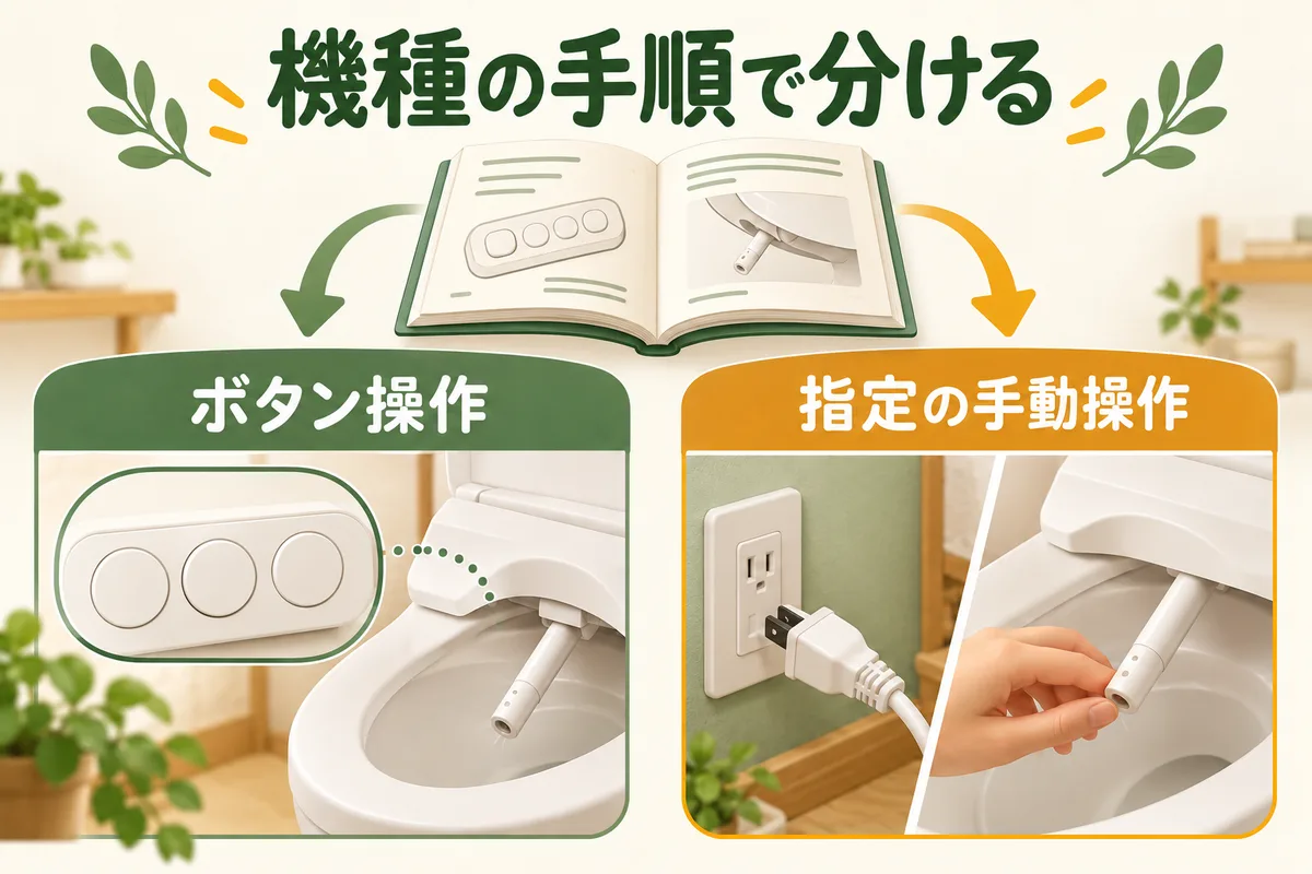 説明書に応じて掃除ボタンと指定の手動操作を分ける図