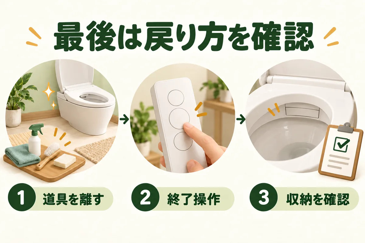 道具を離し、機種指定の終了操作をしてノズルの収納を確認する図
