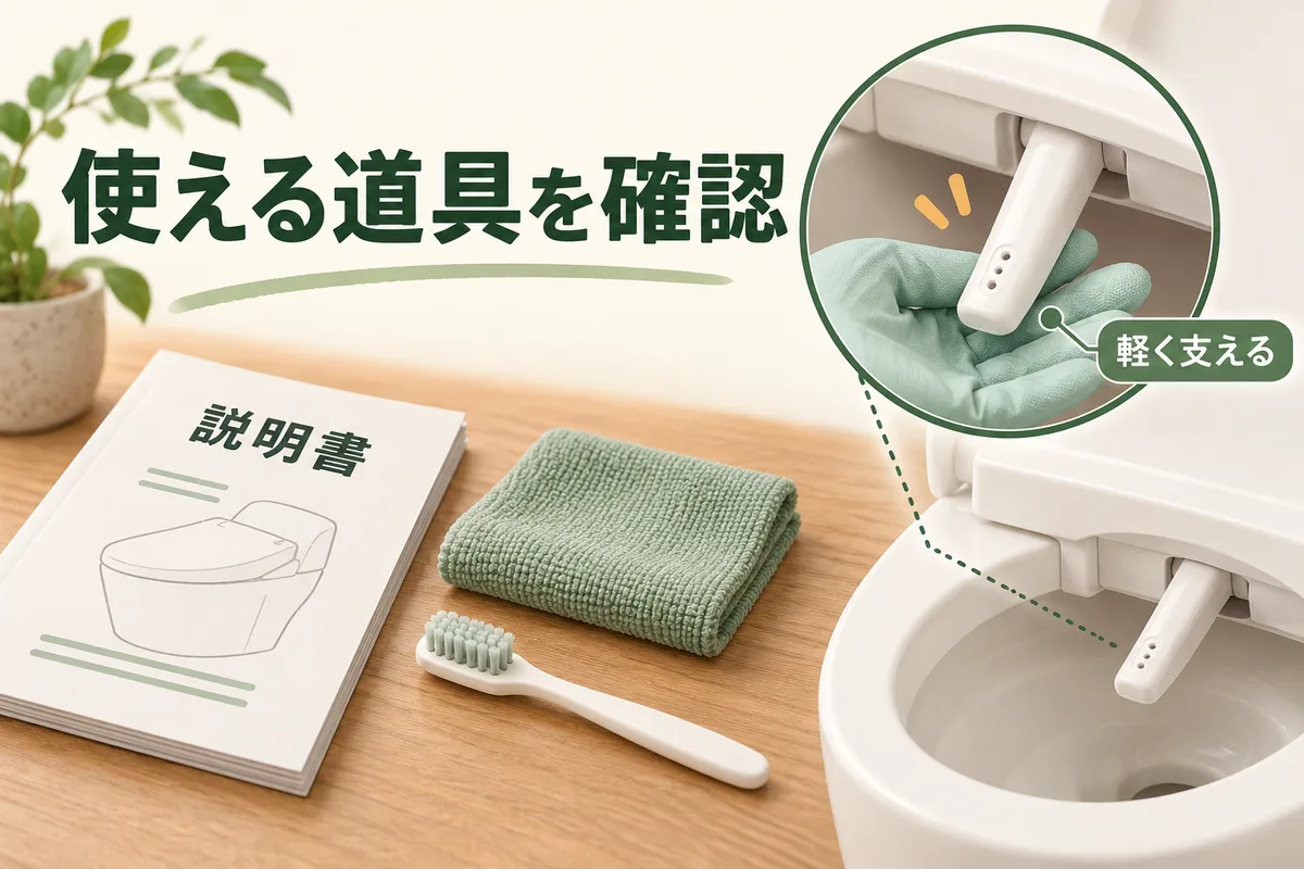 機種に合う布やブラシを確認し、ノズルを無理なく手入れする図