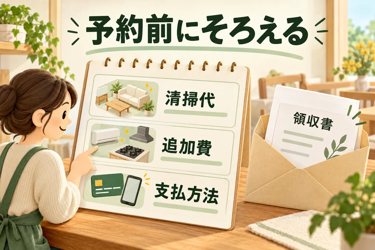 清掃代、追加費、支払方法と領収書を予約前に確認する図