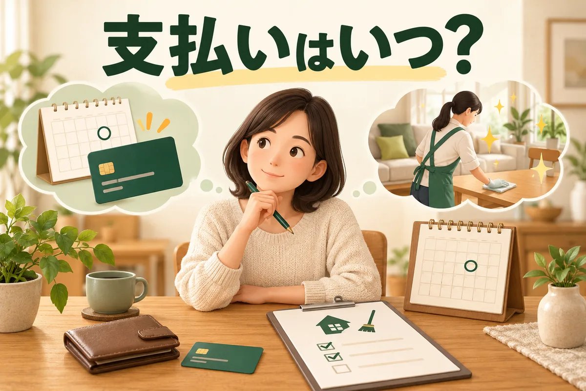 清掃の予約カレンダーとカードを見ながら支払方法を考える図