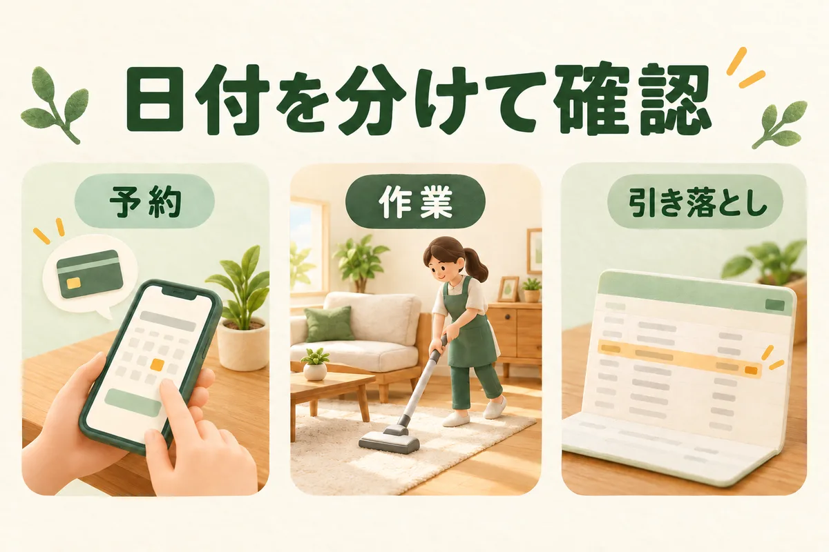予約日、作業日、引き落とし日を別々に確認する図