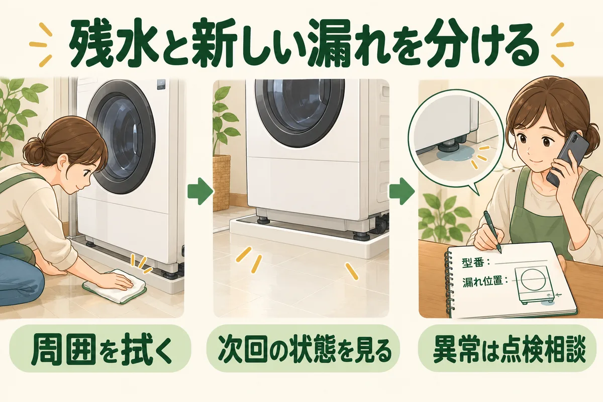 洗濯機の品番と掃除前後の状況、水漏れを相談用に記録する図