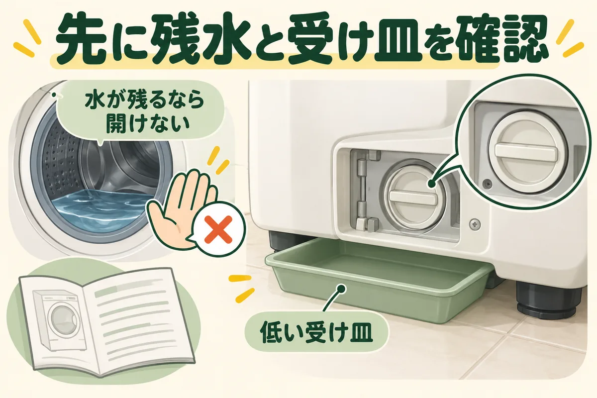 ドラム内の水と運転状態を確認し、水受けを用意する図