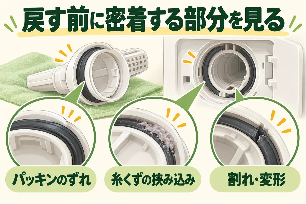 排水フィルターのごみ、パッキン、固定位置を確認する図