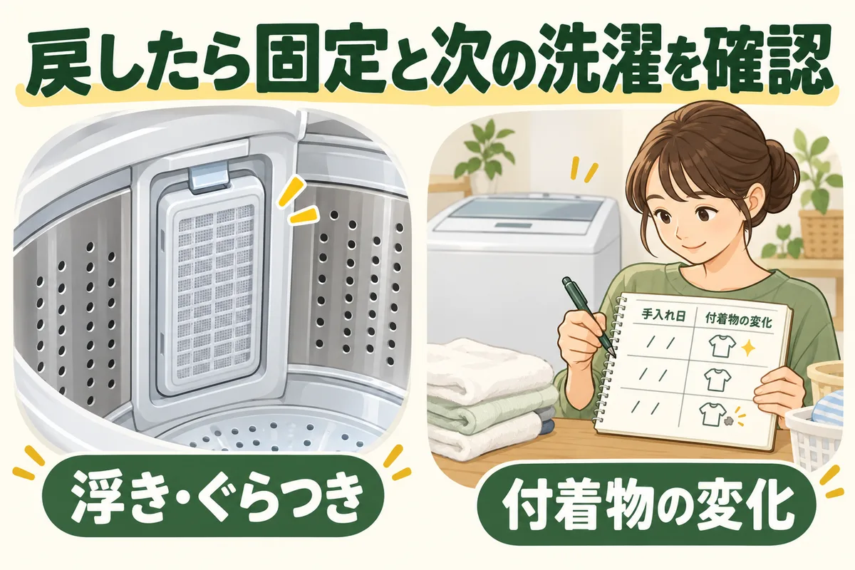 交換したフィルターの固定と運転後の状態を確認する図