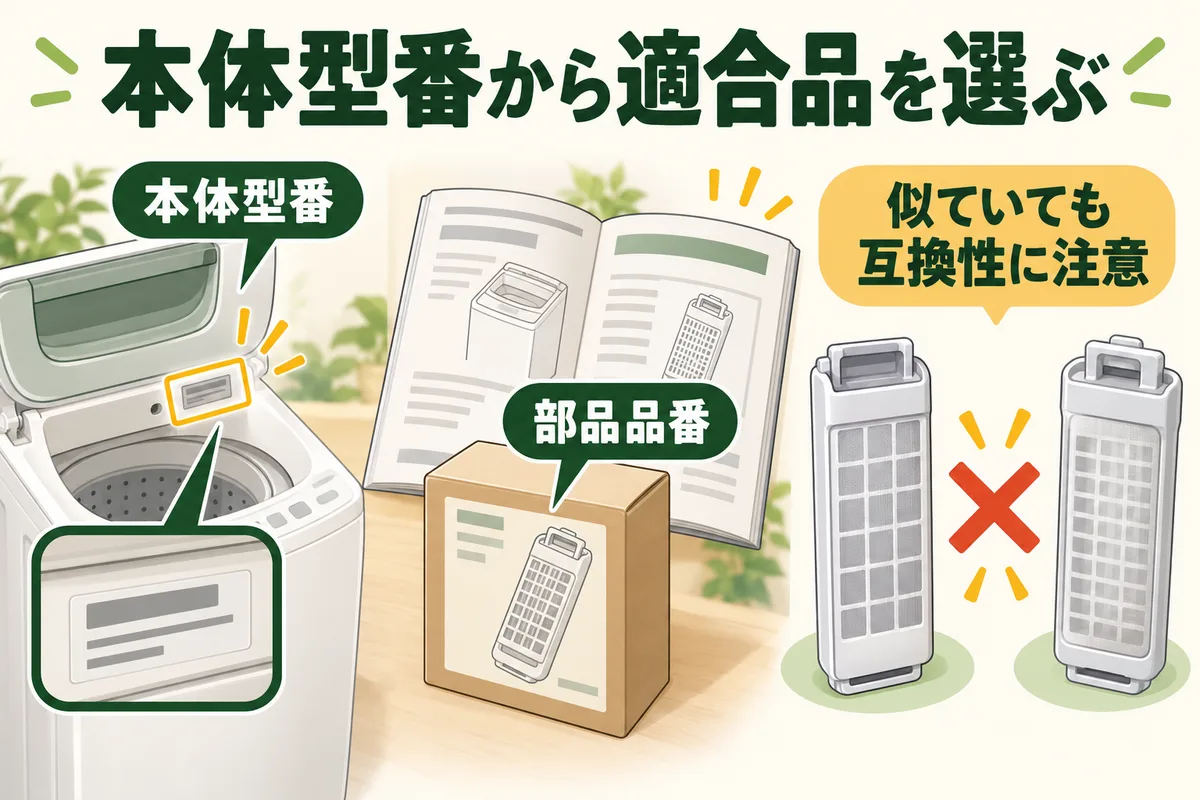 洗濯機の型番から適合するフィルターの品番を調べる図
