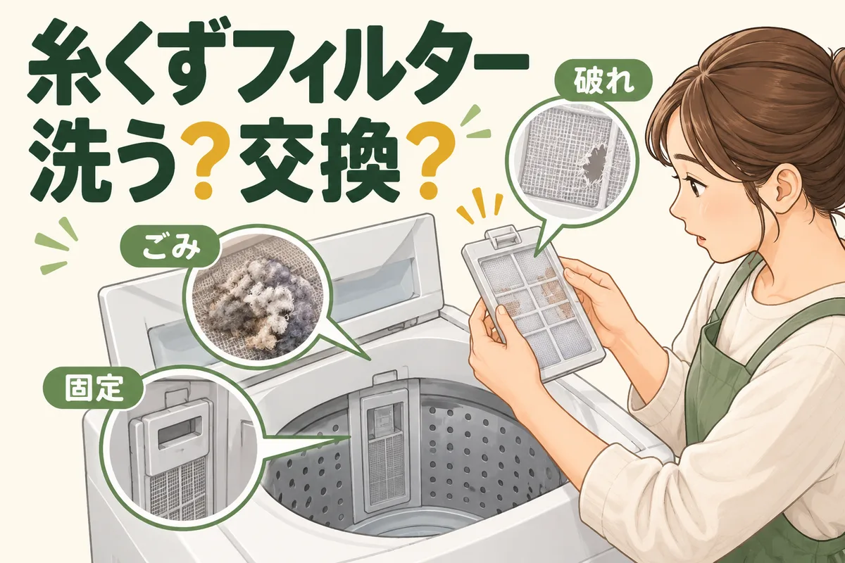 縦型洗濯機の糸くずフィルターを洗うか交換するか確認する図