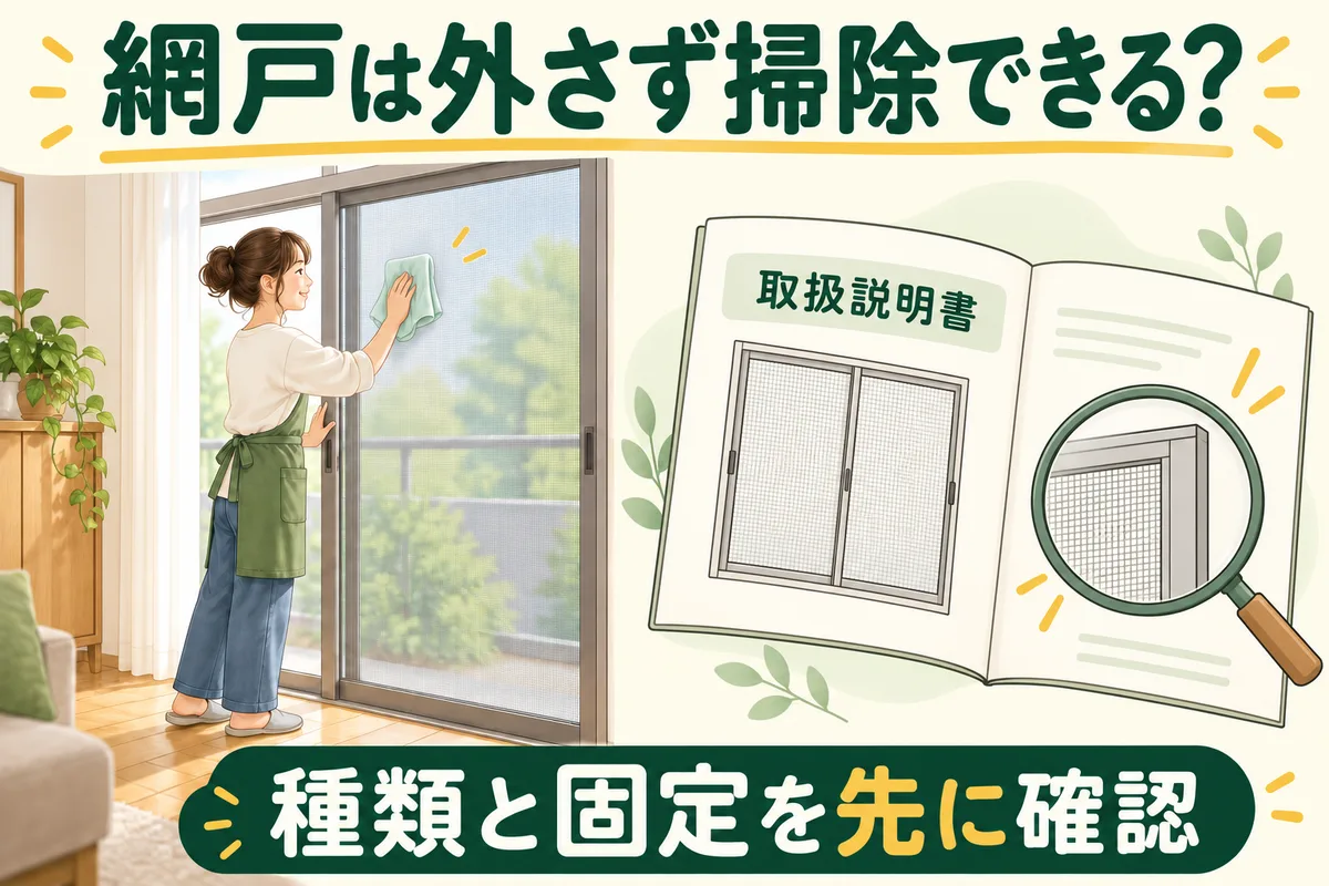 室内から網戸を軽く拭く人と、種類や固定を確認する説明書の図