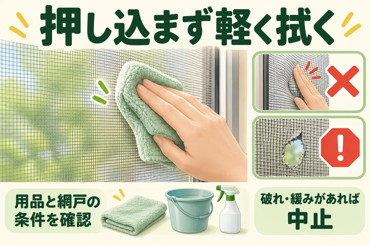 網戸を押し込まず軽く拭き、破れや緩みがあれば中止する図