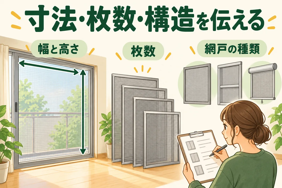 網戸の幅と高さ、枚数、種類を相談前にまとめる図