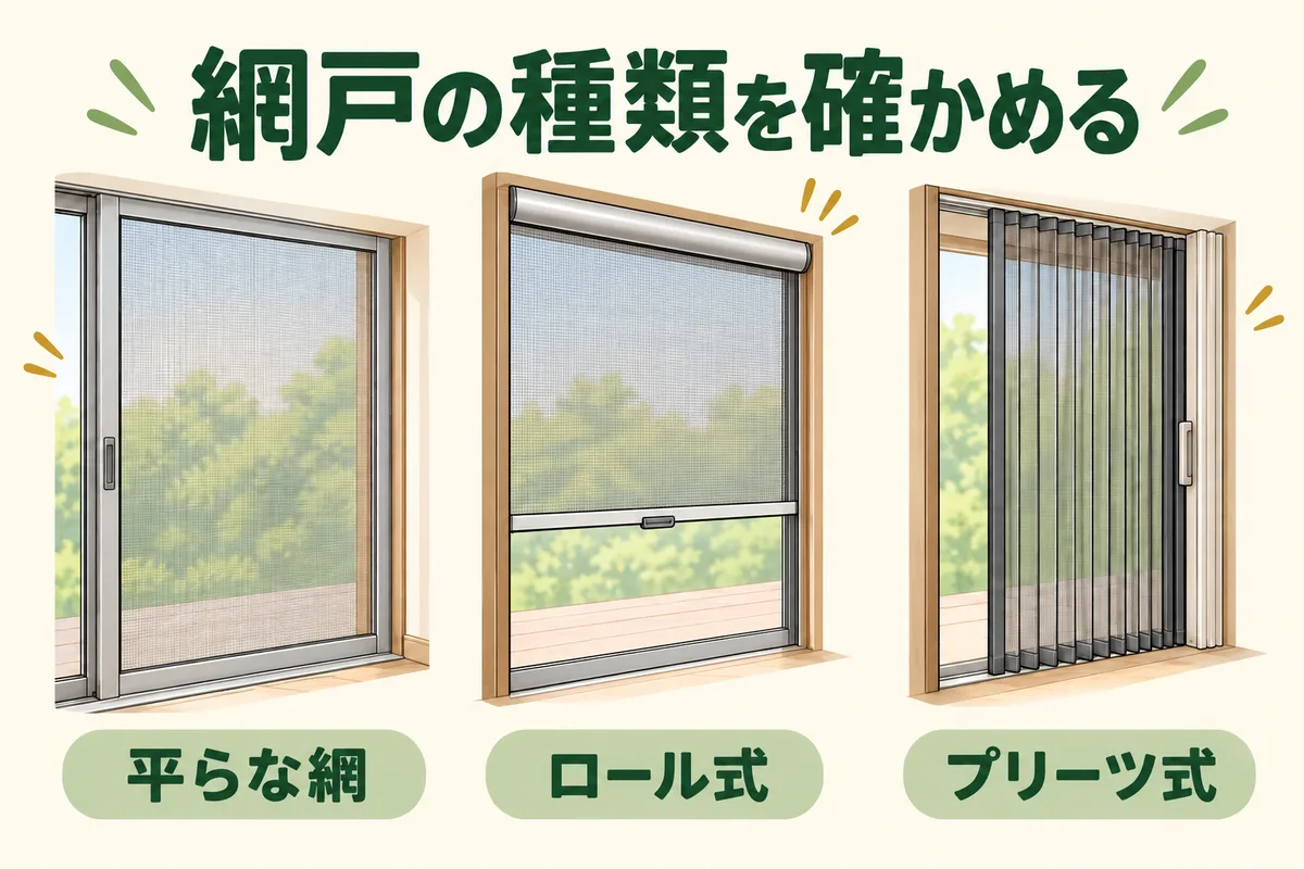 平らな網、縦に巻き取るロール式の例、プリーツ式の構造を示す図