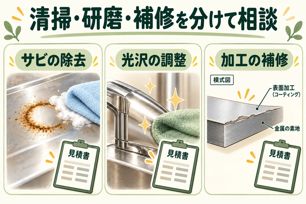 サビの除去、光沢の調整、表面加工の補修を分けて相談する図