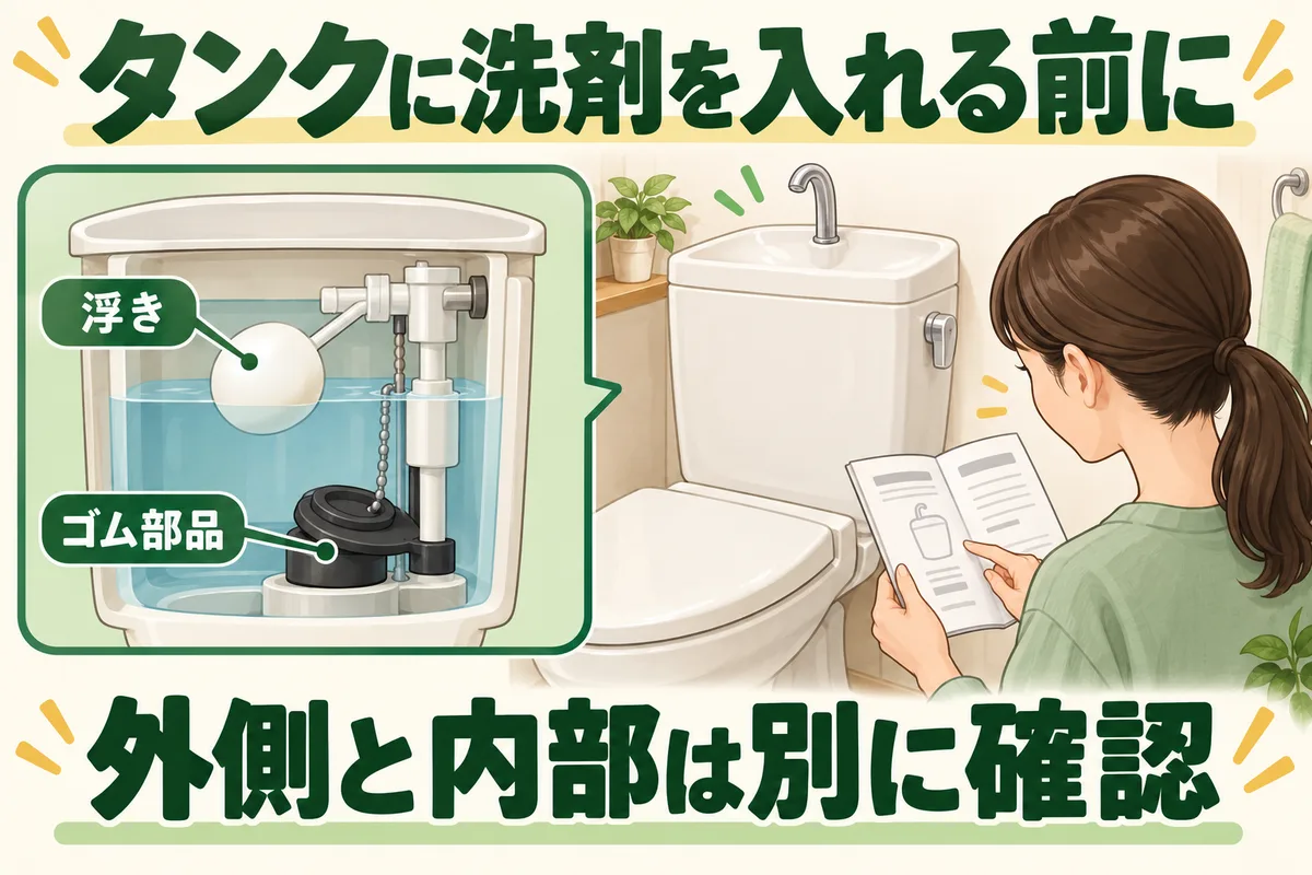 トイレタンクの外側と内部の部品を分けて確認する図