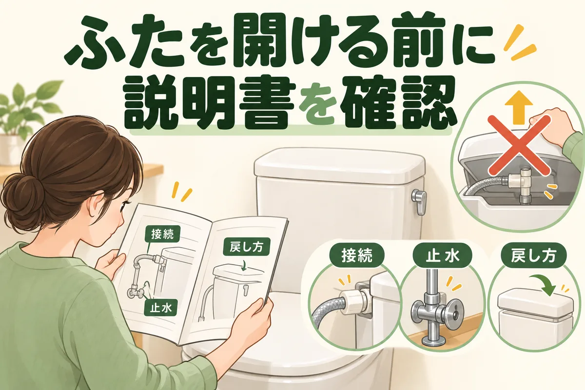 タンクのふたを開ける前に接続、止水、戻し方を確認する図