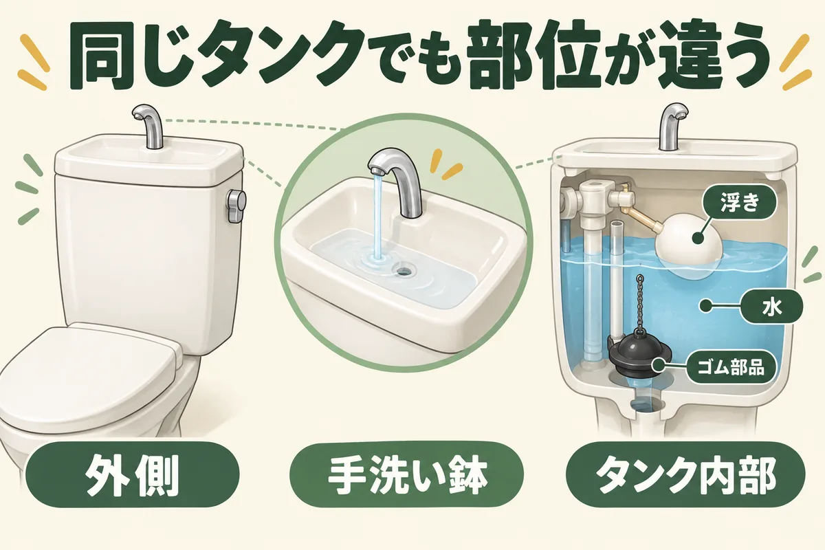 タンクの外側、手洗い鉢、内部の浮きとゴム部品を示す模式図