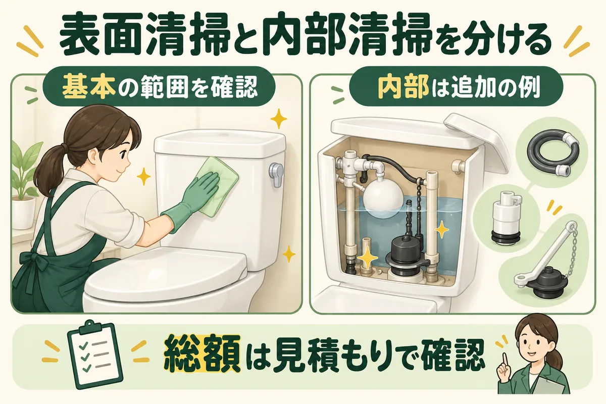 タンク表面の清掃と内部清掃の作業範囲、見積項目を分ける図