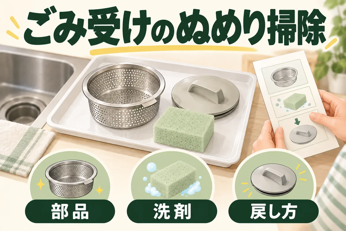 キッチンのごみ受けを柔らかいスポンジで手入れする図