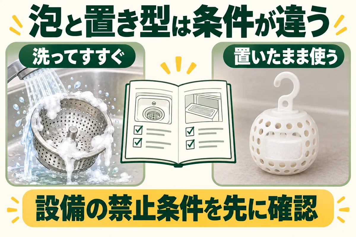 泡で洗ってすすぐ製品と置いたまま使う薬剤を別々に示す図
