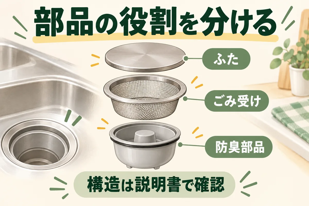 排水口のふた、ごみ受け、下の防臭部品を上下に分ける模式図