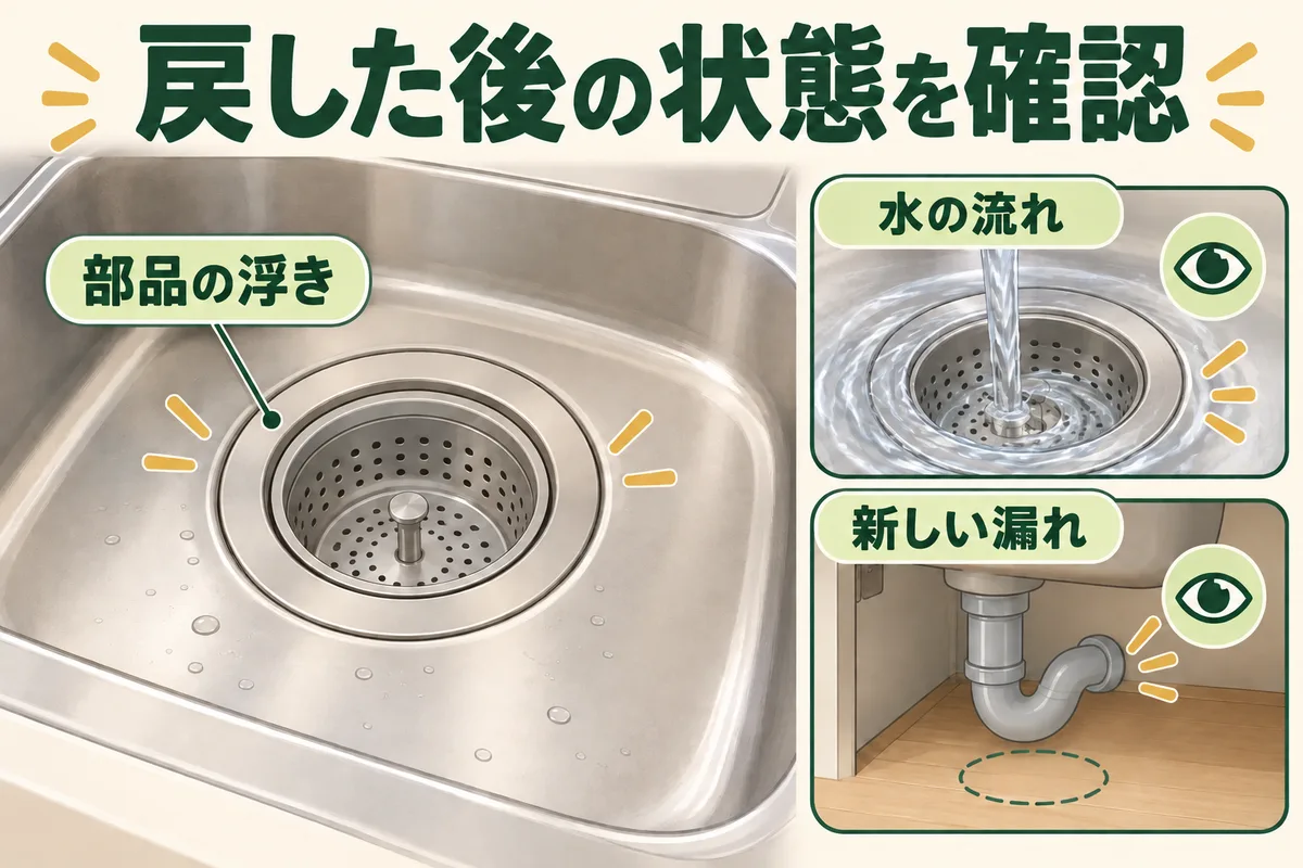 ごみ受けと防臭部品を復旧し、流れとシンク下の漏れを見る図