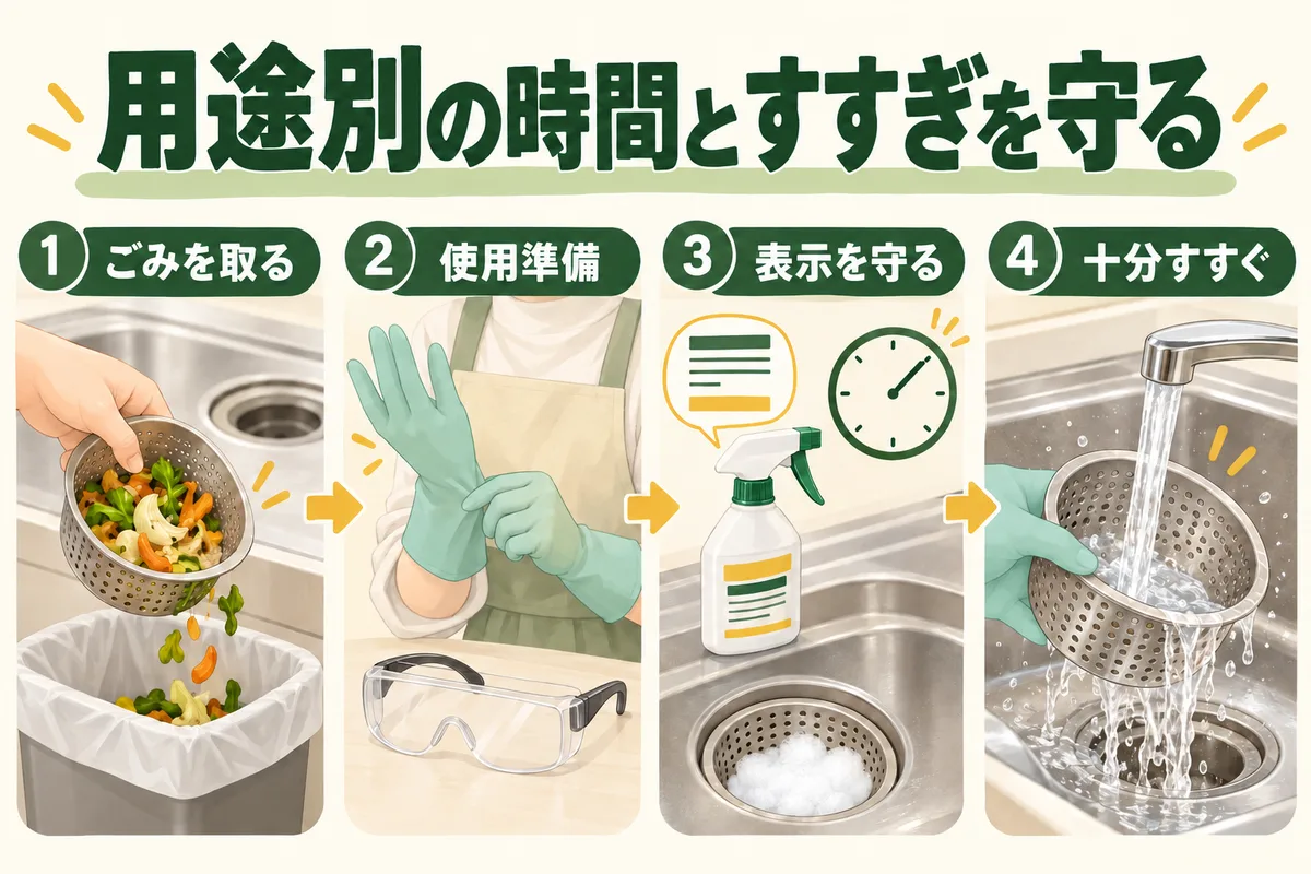 ごみを捨てて洗い、用途に合う時間の後に十分すすぐ順序の図