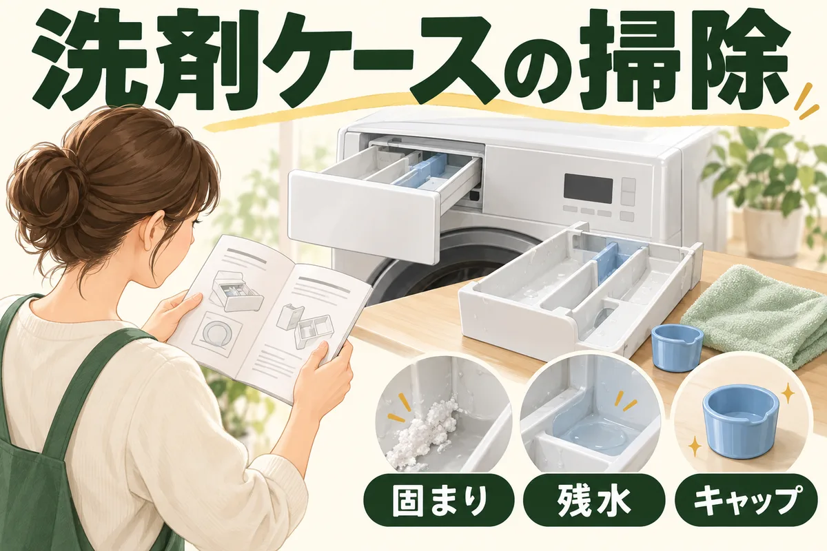 洗濯機の手動洗剤ケースとキャップ、固まりや残水の確認点を示す図