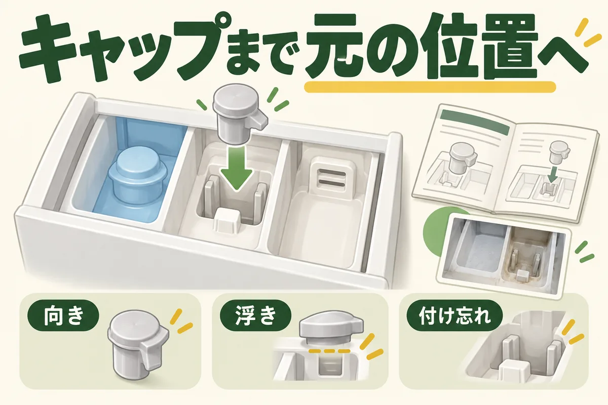 洗剤ケースのカバー、キャップ、差し込み位置を順に確認する図
