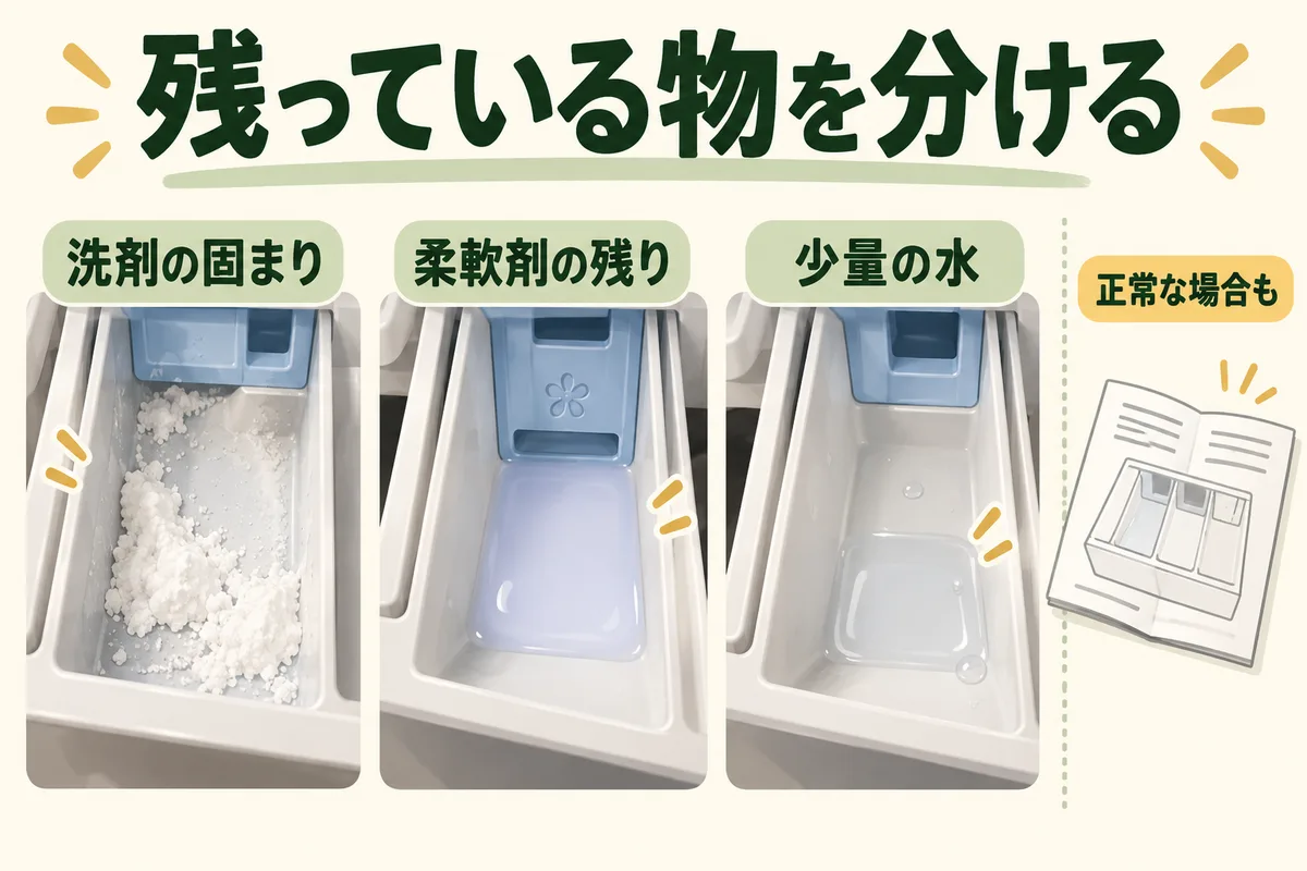 洗剤の固まり、柔軟剤の残り、少量の水を三つに分けた図